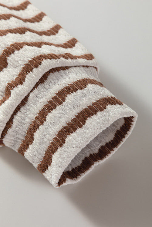 Khaki Stripe Textured Hooded V Neck Casual Long Sleeve Top