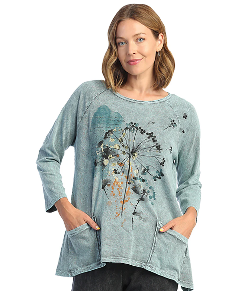 MINERAL WASHED 100% COTTON SLUB PATCH POCKETS TUNIC TOP WIMSICAL DANDELION