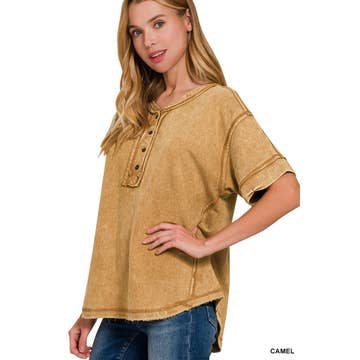 Mineral Washed Raw Edge Detailed Button Closure Sort Sleeve Top Shirt