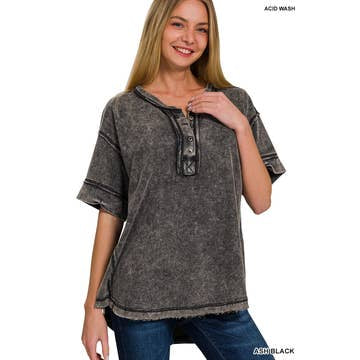 Mineral Washed Raw Edge Detailed Button Closure Sort Sleeve Top Shirt