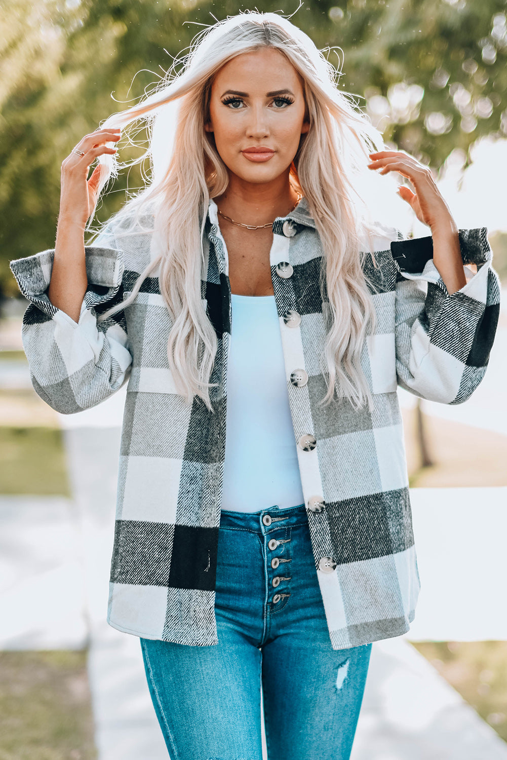 Flannel Plaid Color Block Buttoned Long Sleeve Jacket with Pocket Shacket