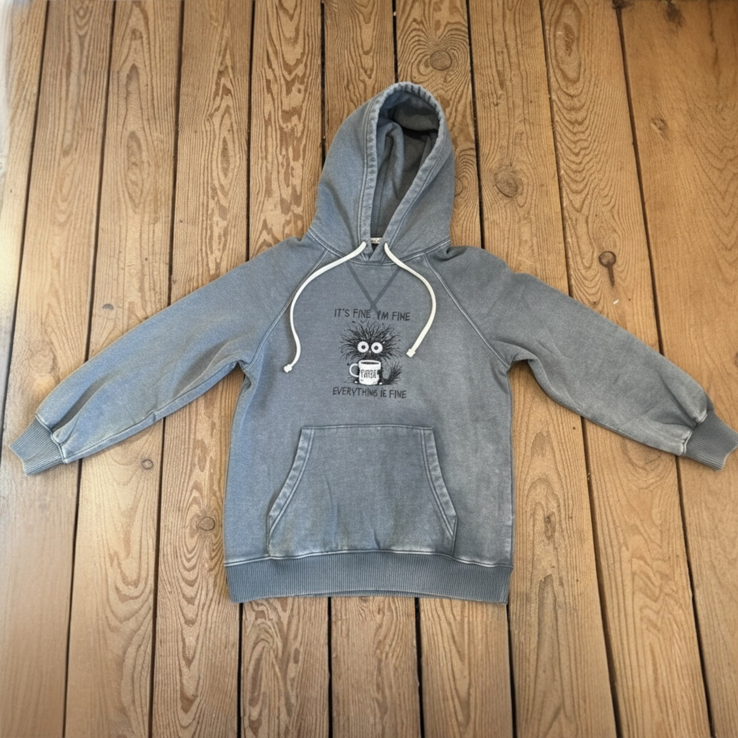 Hoodie Sweatshirt Fleece Acid Washed Kangaroo pocket -I’m fine It’s fine Everything is fine Coffee cat
