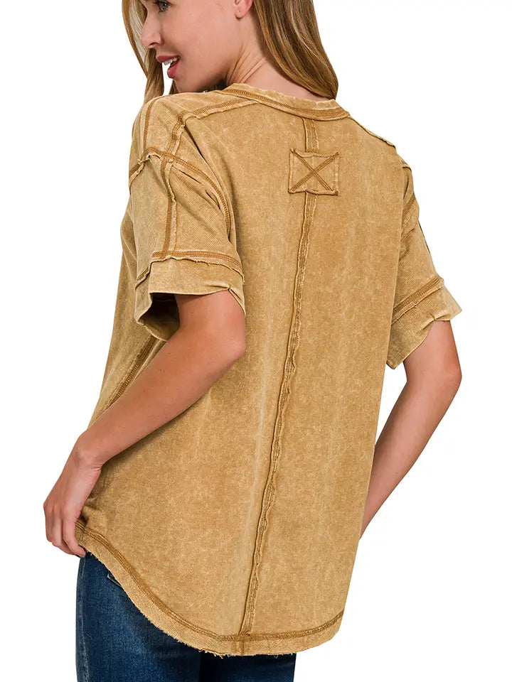 Mineral Washed Raw Edge Detailed Button Closure Sort Sleeve Top Shirt
