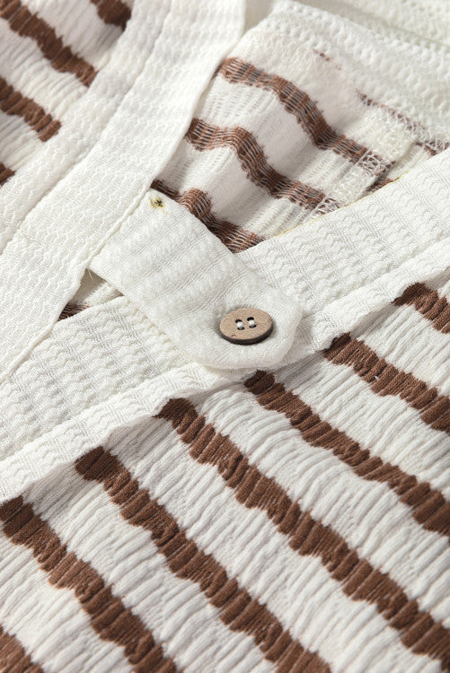 Khaki Stripe Textured Hooded V Neck Casual Long Sleeve Top