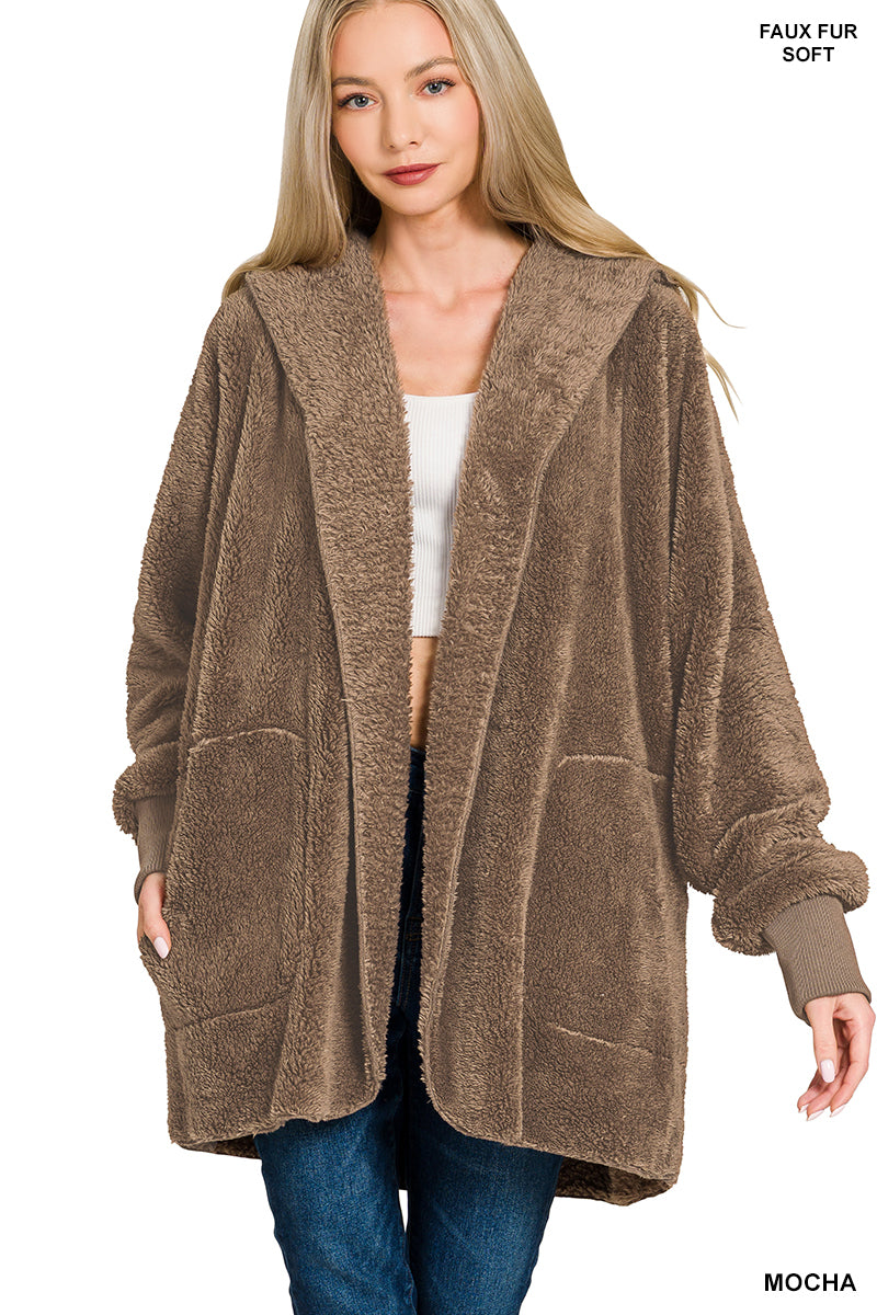 Fleece Hooded faux fur Jacket with Pockets