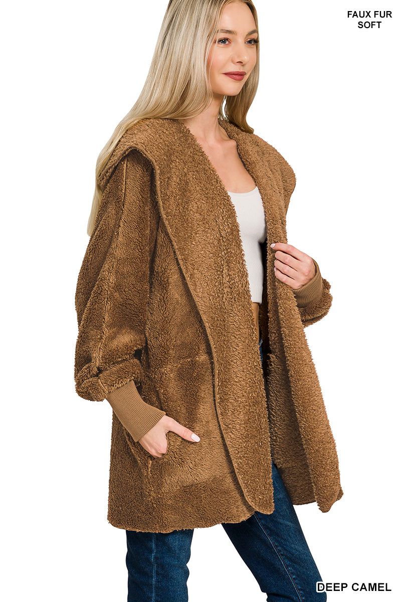Fleece Hooded faux fur Jacket with Pockets