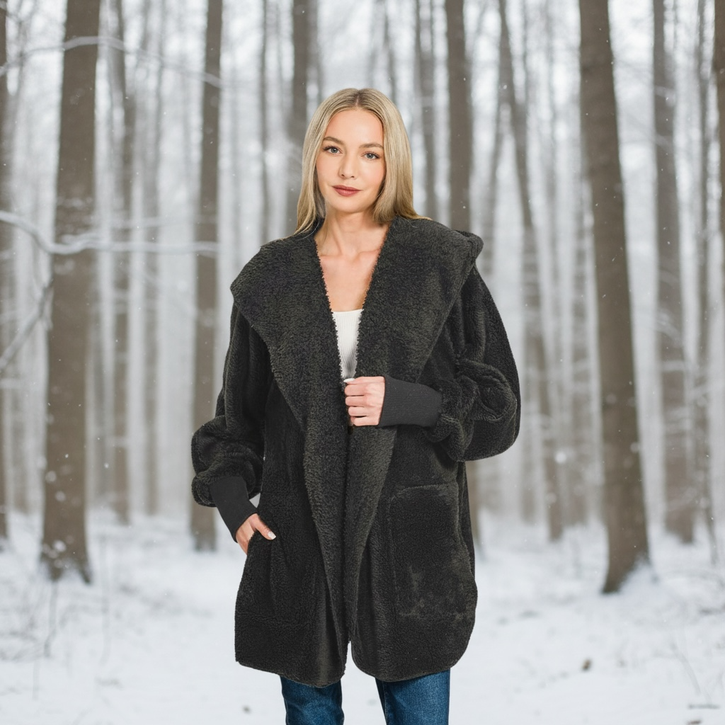 Fleece Hooded faux fur Jacket with Pockets
