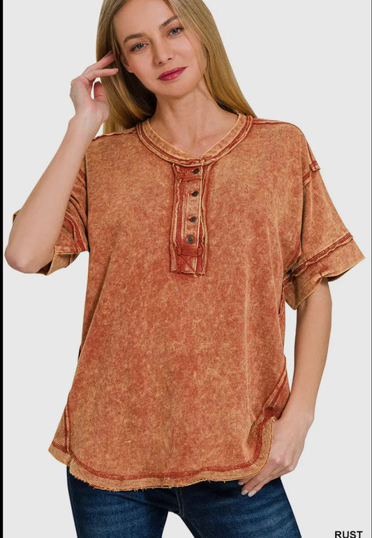 Mineral Washed Raw Edge Detailed Button Closure Sort Sleeve Top Shirt