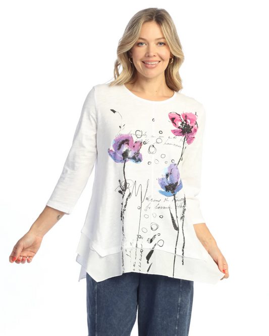 MINERAL WASHED COTTON TOP W/ LINEN HANDKERCHIEF HEM 3/4 SLEEVE TOP WHITE JESS AND JANE