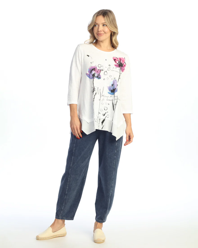 MINERAL WASHED COTTON TOP W/ LINEN HANDKERCHIEF HEM 3/4 SLEEVE TOP WHITE JESS AND JANE