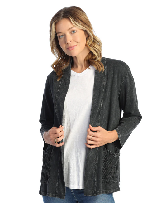 MINERAL WASHED BLACK 100% COTTON FLEECE OPEN CARDIGAN WITH CONTRAST PATCH POCKETS