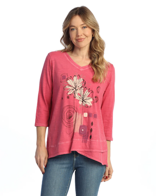 COTTON SLUB V-NECK 3/4 Sleeve TULIP HEM TOP Fusia