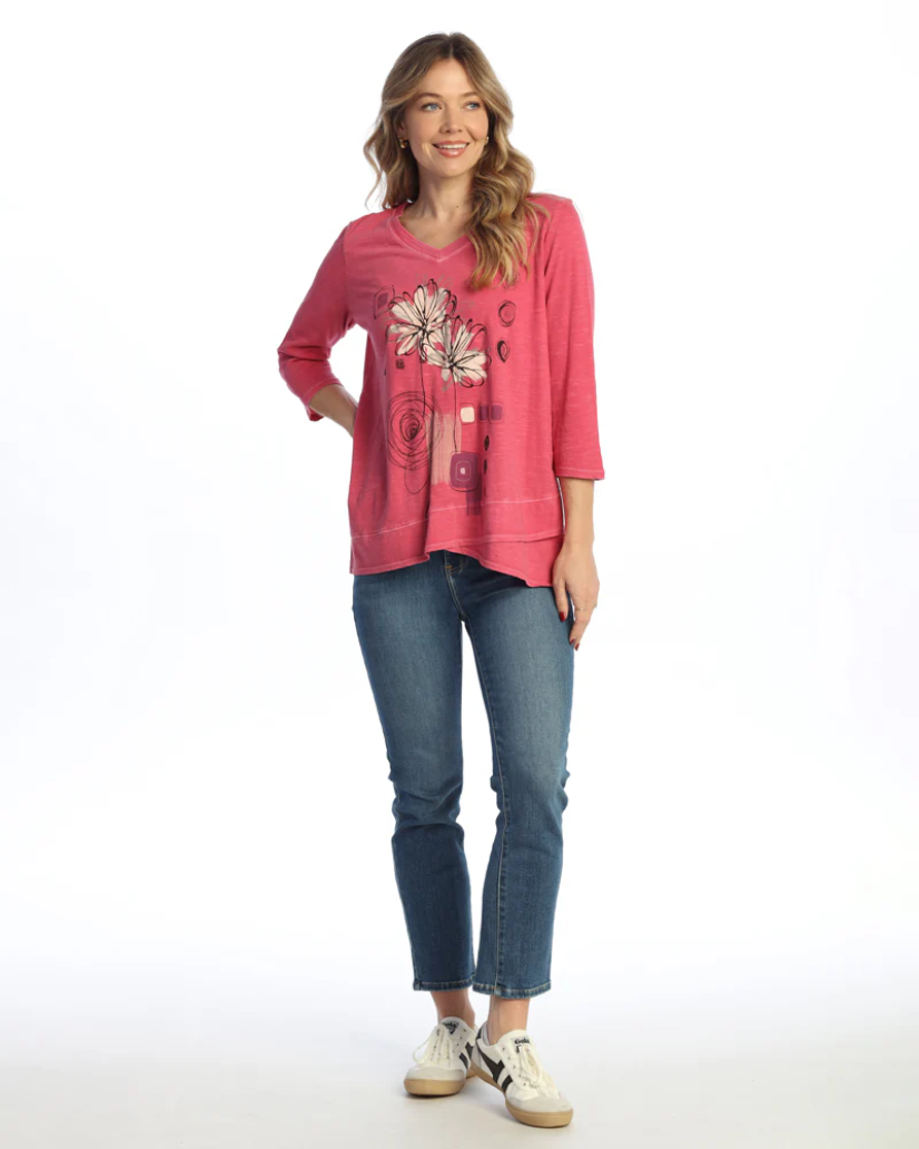 COTTON SLUB V-NECK 3/4 Sleeve TULIP HEM TOP Fusia