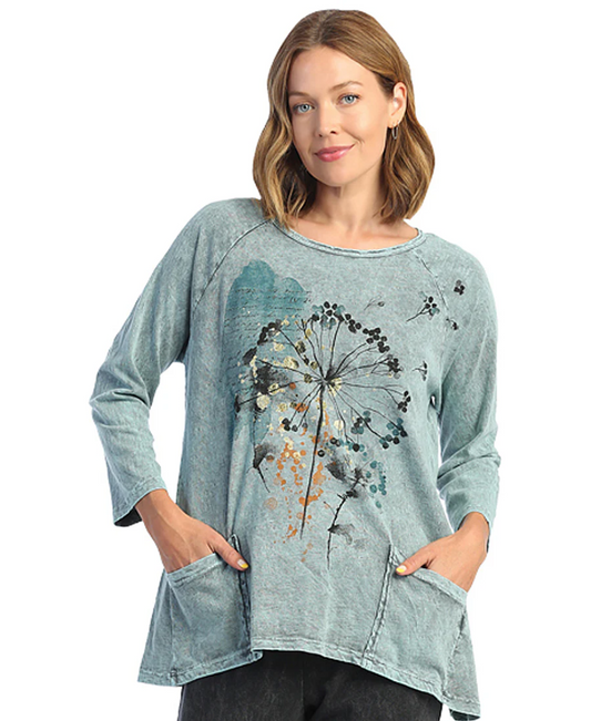 MINERAL WASHED 100% COTTON SLUB PATCH POCKETS TUNIC TOP WIMSICAL DANDELION