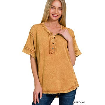 Mineral Washed Raw Edge Detailed Button Closure Sort Sleeve Top Shirt