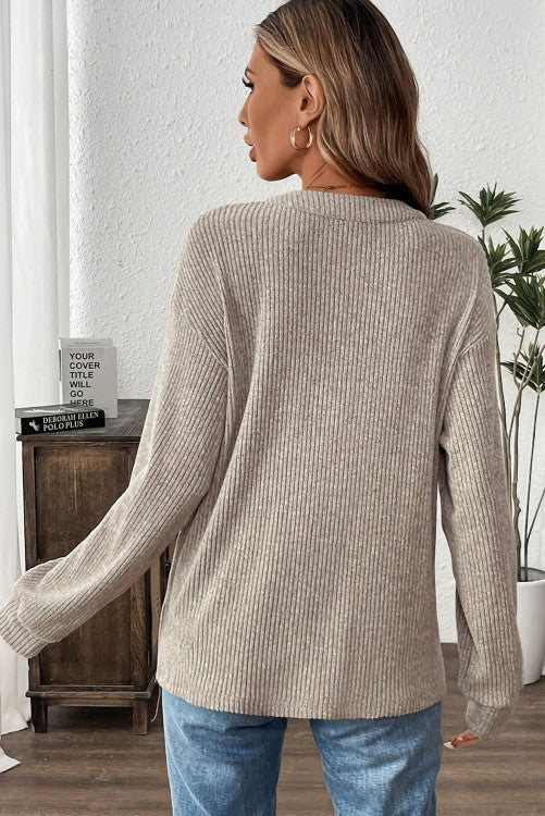 Long Sleeve Simply Taupe or Clearly Aqua Ribbed Texture Knit Top with Kangaroo Front Pocket