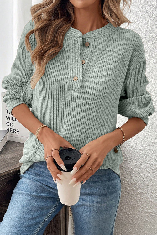 Long Sleeve Simply Taupe or Clearly Aqua Ribbed Texture Knit Top with Kangaroo Front Pocket
