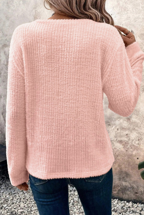 SweaterLight Pink Fuzzy Ribbed Texture Round Neck Long Sleeve Top