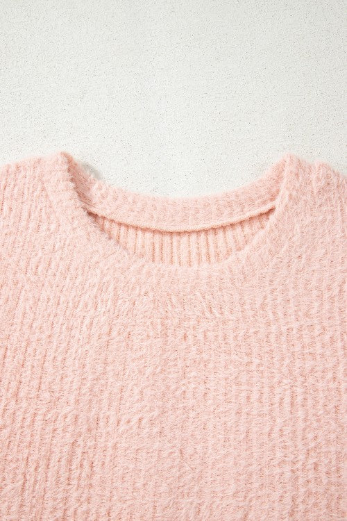 SweaterLight Pink Fuzzy Ribbed Texture Round Neck Long Sleeve Top