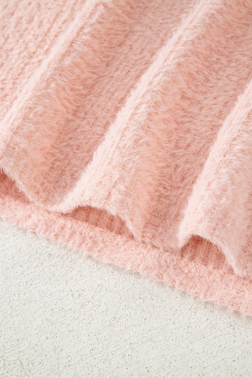 SweaterLight Pink Fuzzy Ribbed Texture Round Neck Long Sleeve Top