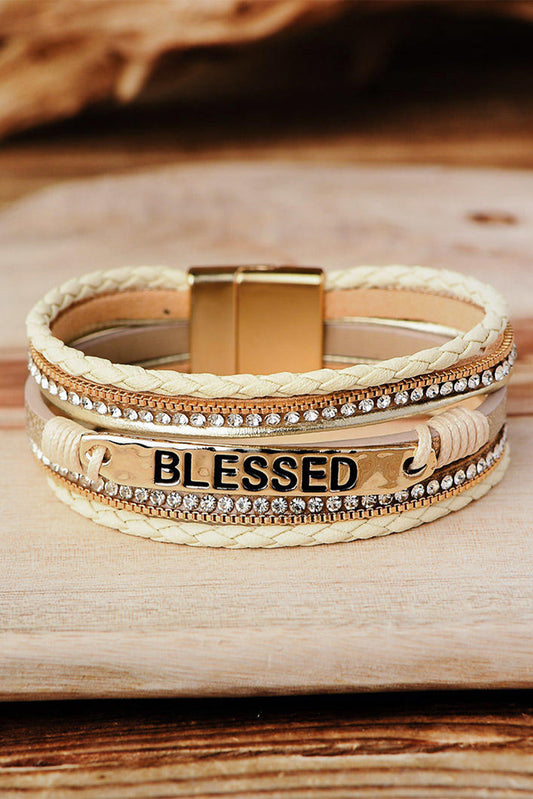 Bracelet Layered Wrap Magnetic Clasp Beige BLESSED Rhinestone Braided Detail Buckle
