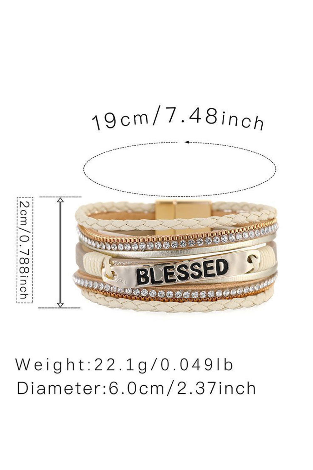 Bracelet Layered Wrap Magnetic Clasp Beige BLESSED Rhinestone Braided Detail Buckle