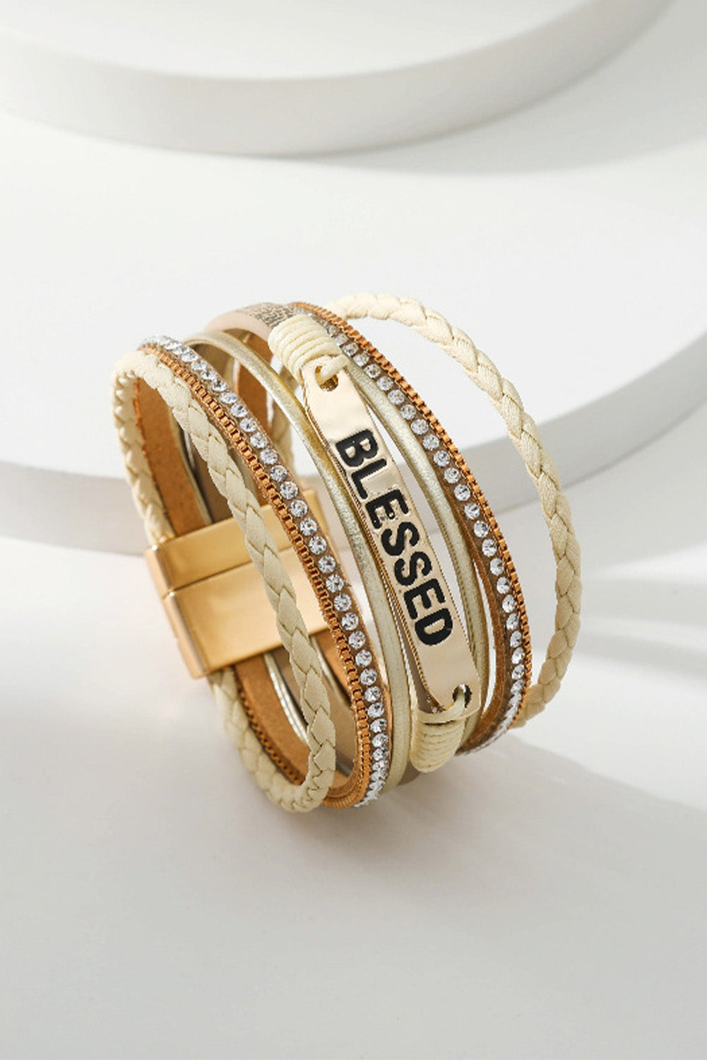 Bracelet Layered Wrap Magnetic Clasp Beige BLESSED Rhinestone Braided Detail Buckle