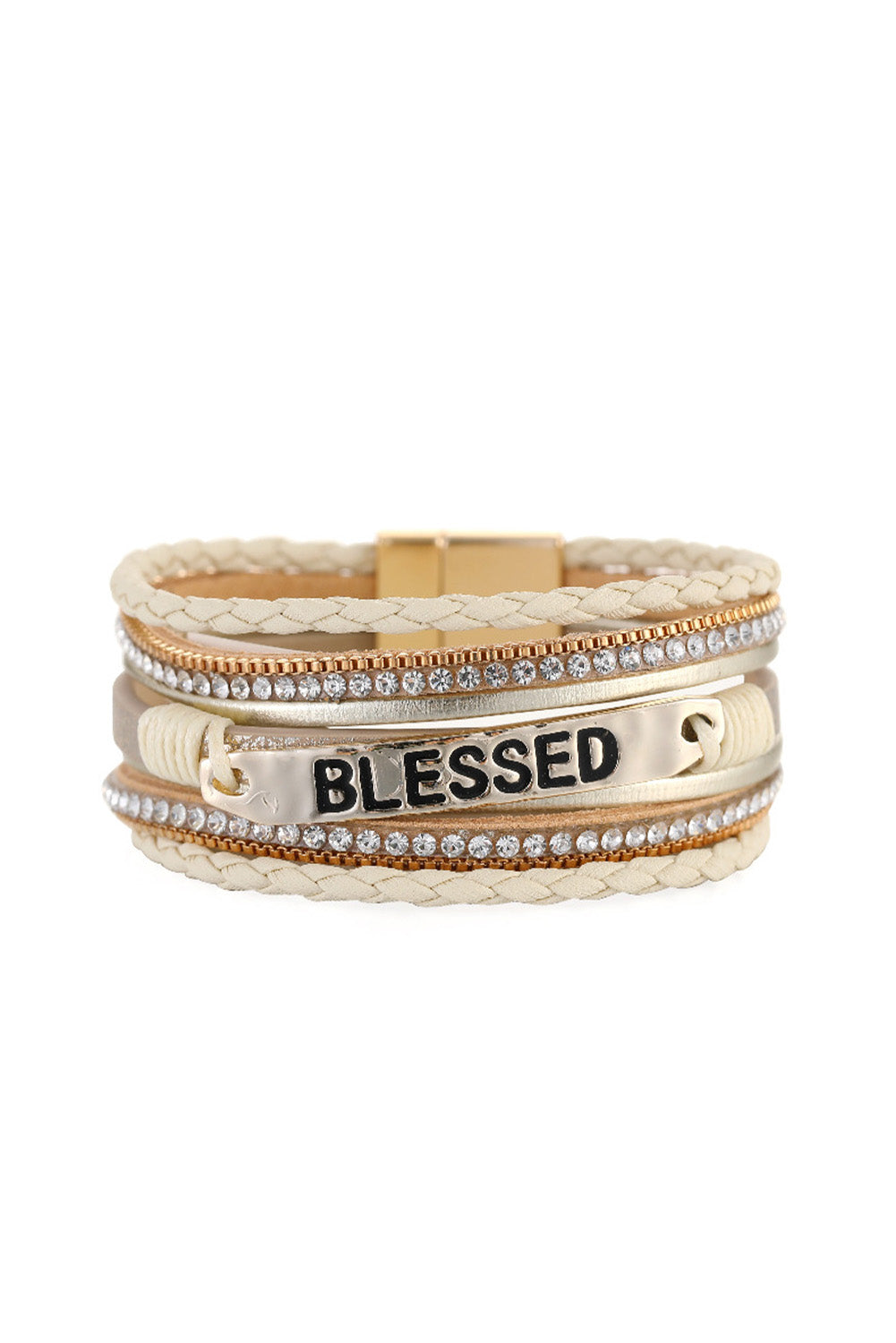 Bracelet Layered Wrap Magnetic Clasp Beige BLESSED Rhinestone Braided Detail Buckle