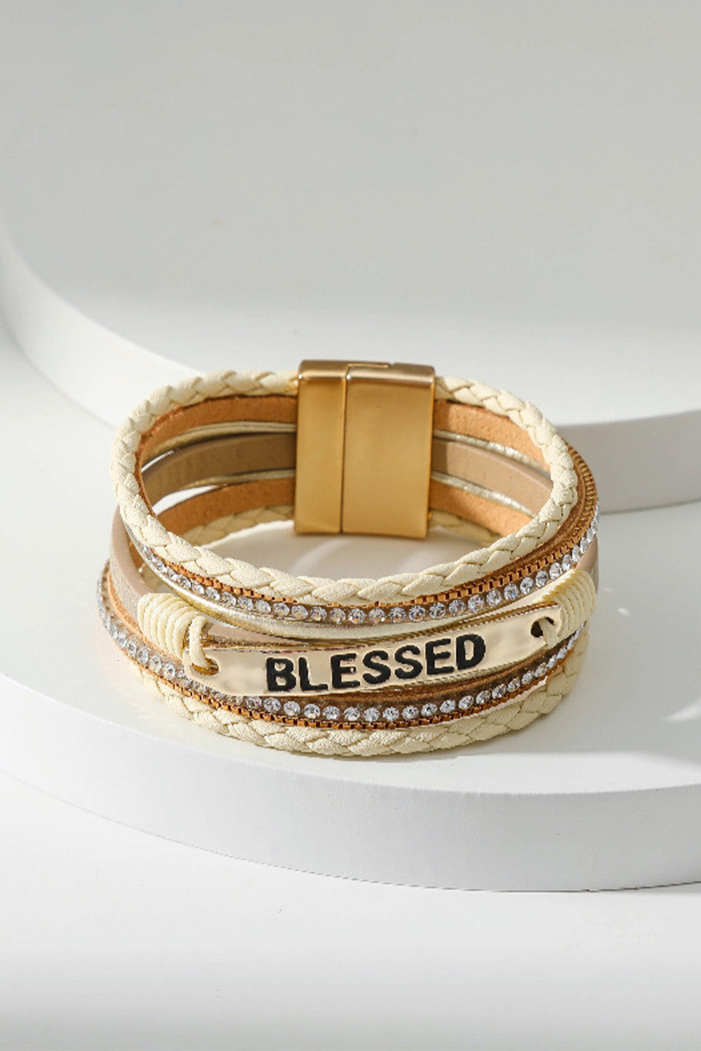 Bracelet Layered Wrap Magnetic Clasp Beige BLESSED Rhinestone Braided Detail Buckle