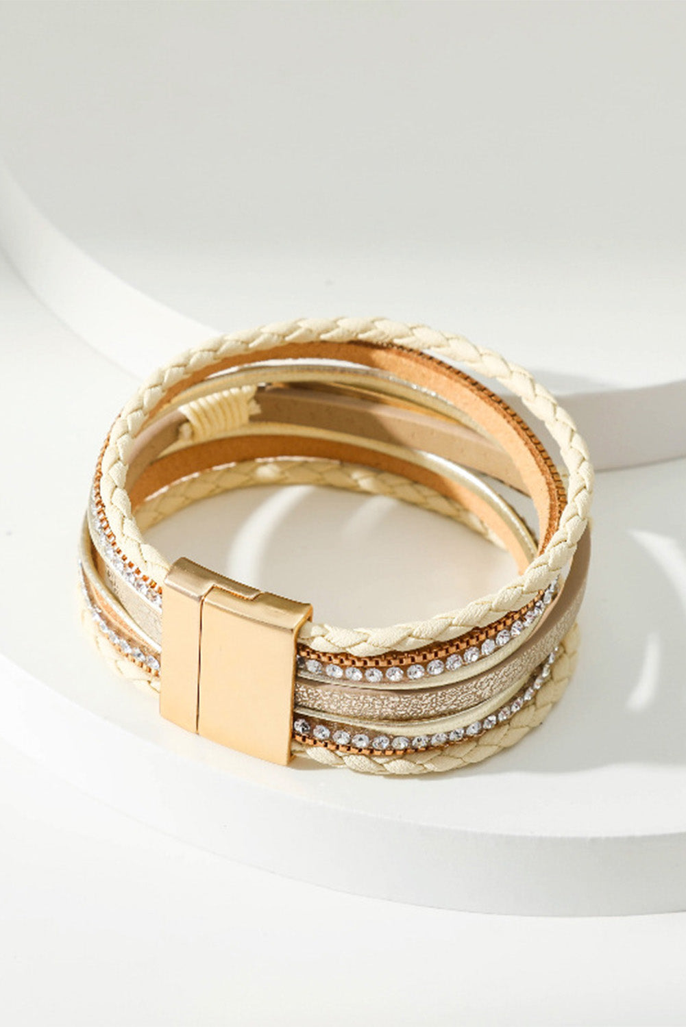 Bracelet Layered Wrap Magnetic Clasp Beige BLESSED Rhinestone Braided Detail Buckle