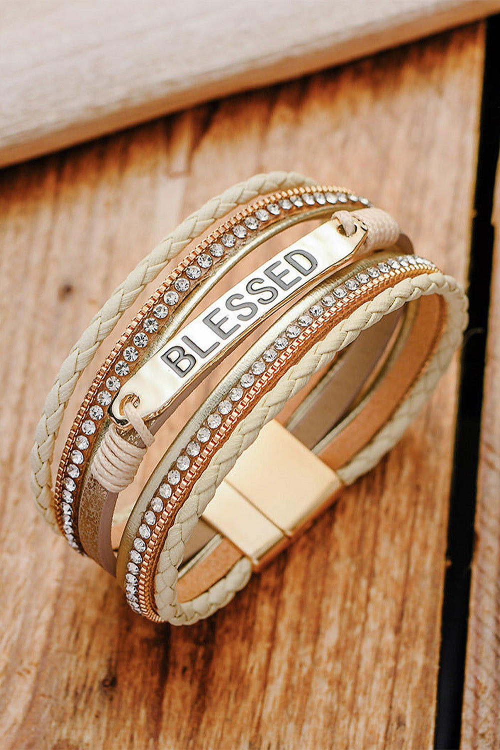 Bracelet Layered Wrap Magnetic Clasp Beige BLESSED Rhinestone Braided Detail Buckle