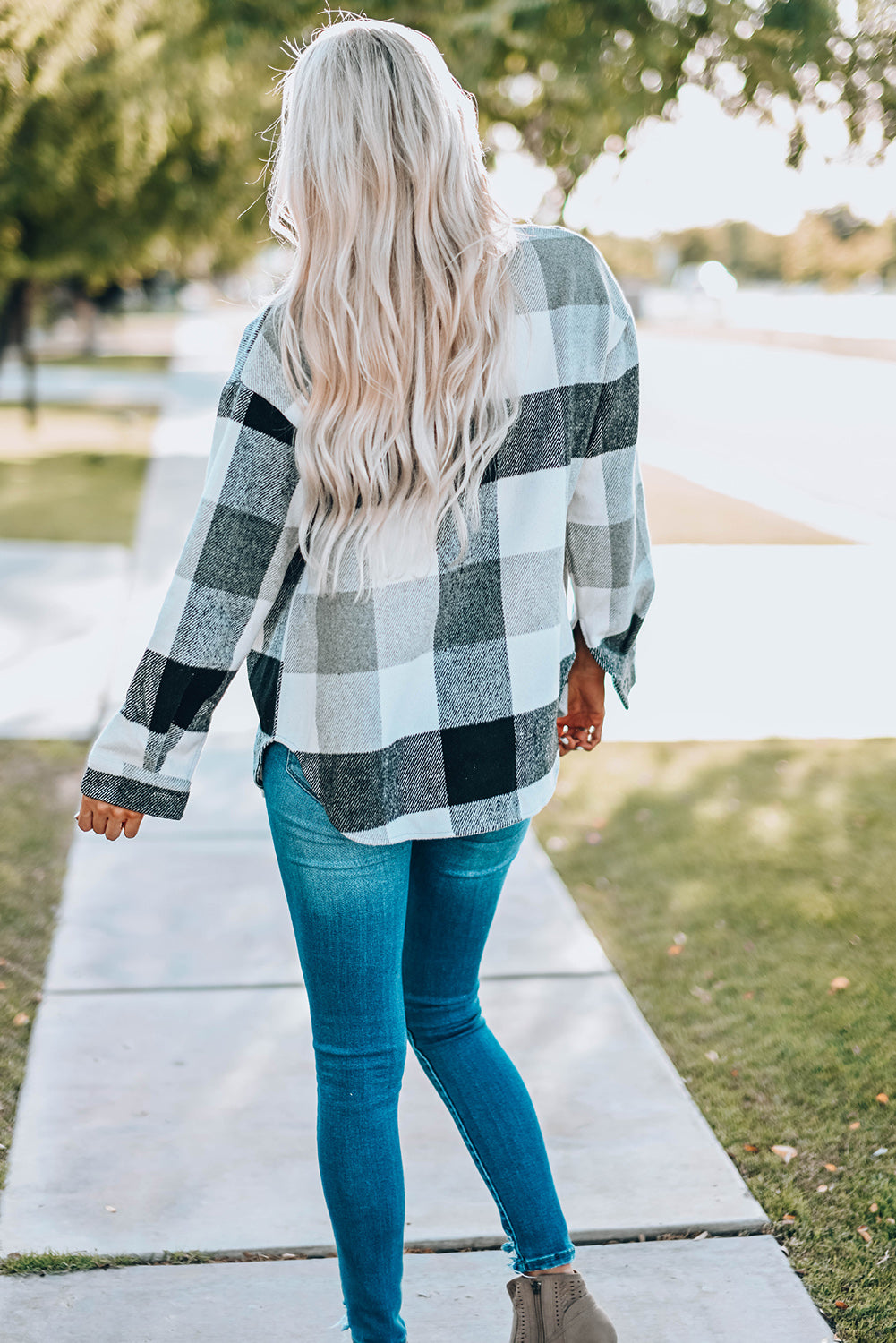 Flannel Plaid Color Block Buttoned Long Sleeve Jacket with Pocket Shacket