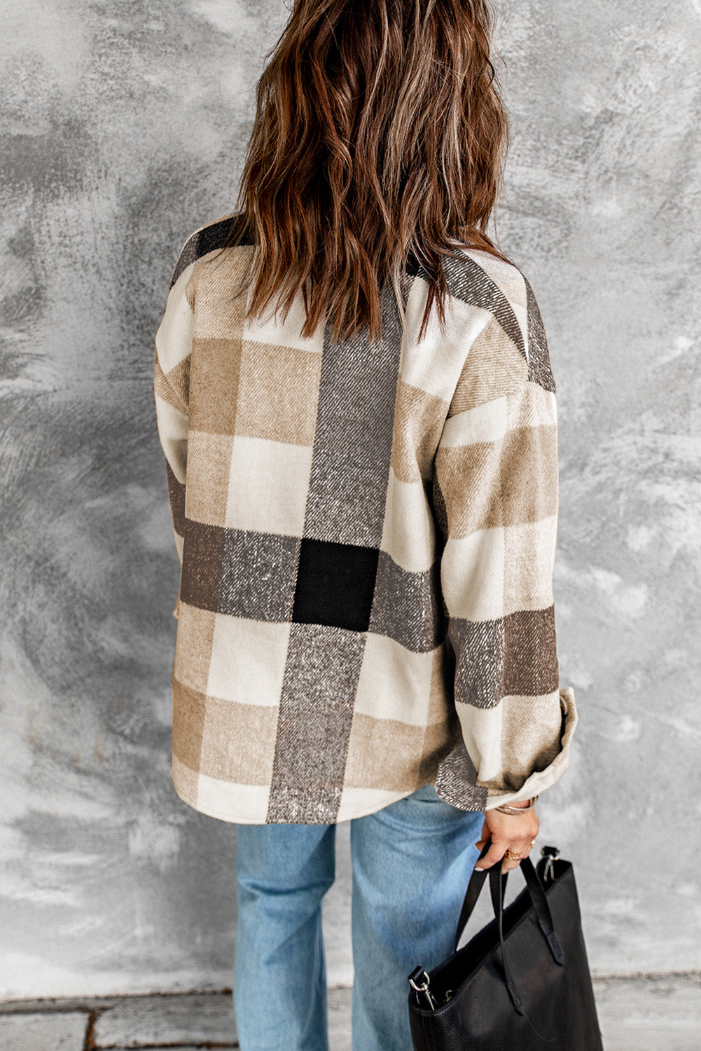 Shacket Khaki Plaid Color Block Buttoned Long Sleeve Jacket with Pocket