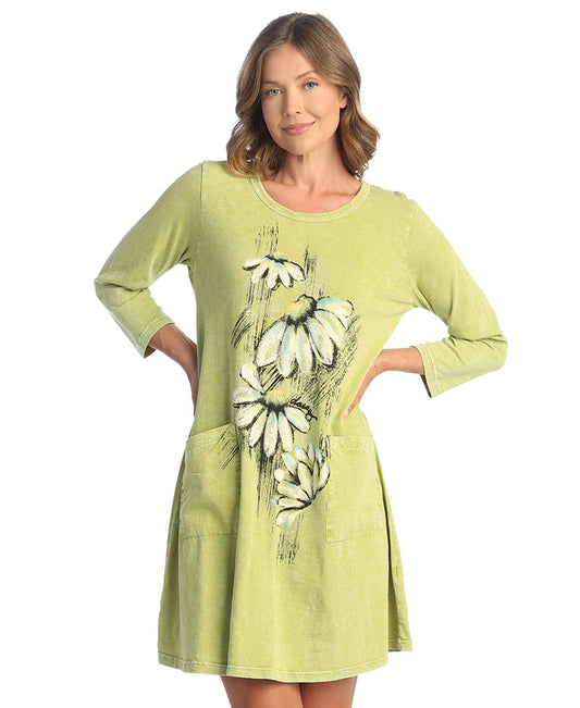 Mineral Washed 3/4 Sleeve Dress With Linen Contrast Pockets Jess and Jane