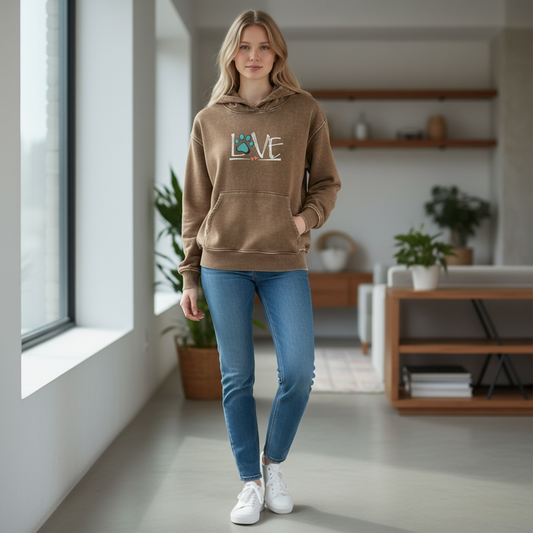 Hoodie Sweatshirt Fleece Acid Washed Kangaroo pocket Love with paw print Dog Cat