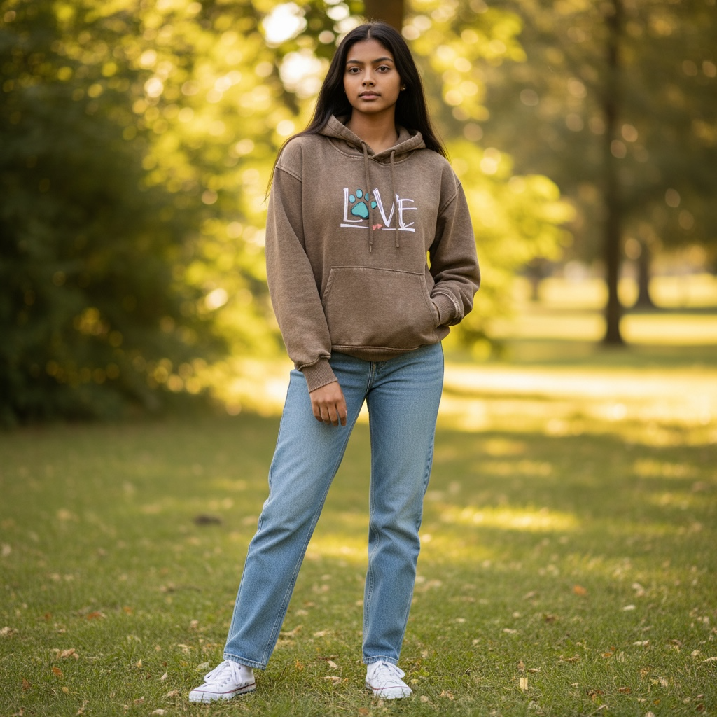 Hoodie Sweatshirt Fleece Acid Washed Kangaroo pocket Love with paw print Dog Cat