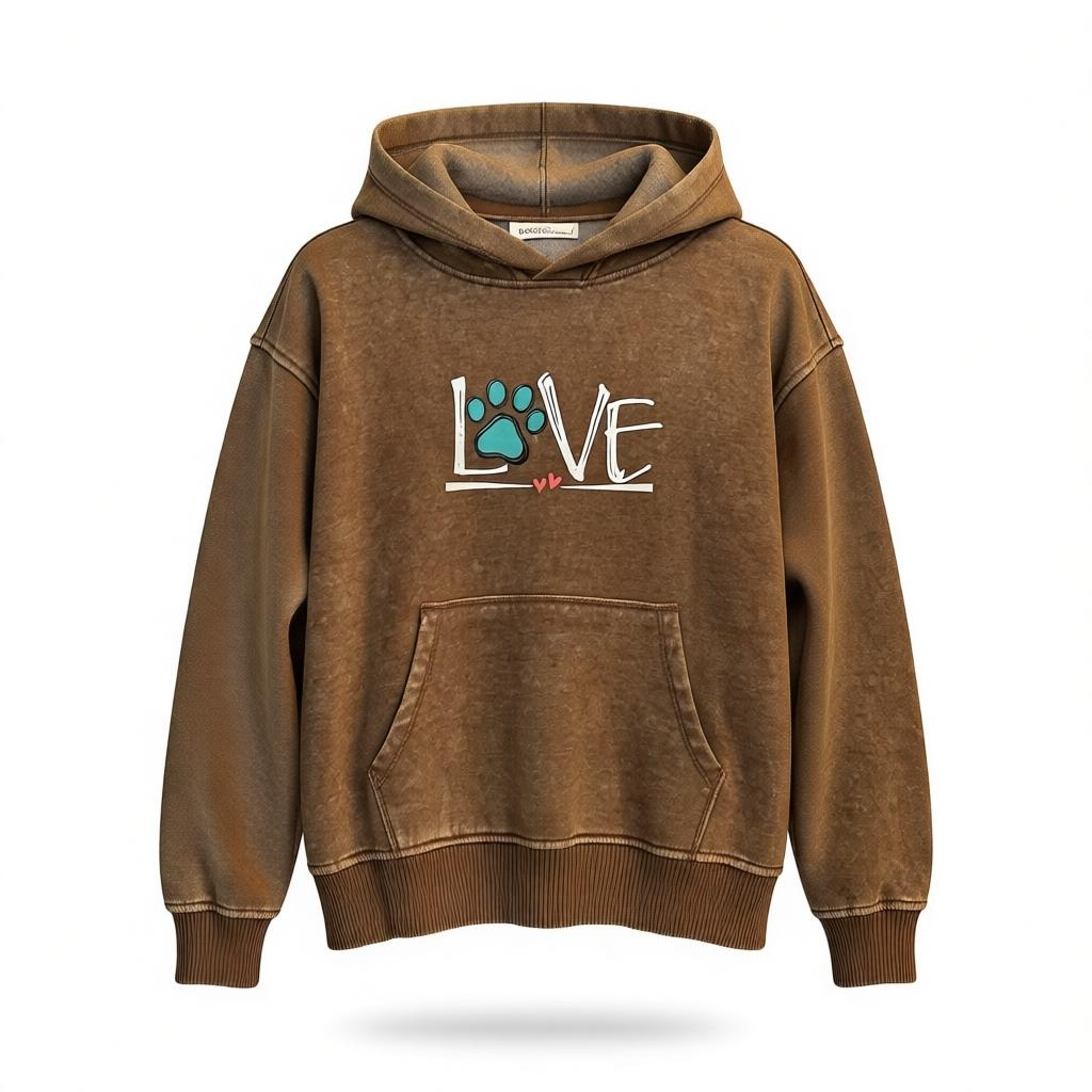 Hoodie Sweatshirt Fleece Acid Washed Kangaroo pocket Love with paw print Dog Cat