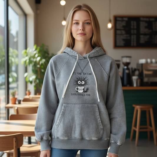 Hoodie Sweatshirt Fleece Acid Washed Kangaroo pocket -I’m fine It’s fine Everything is fine Coffee cat