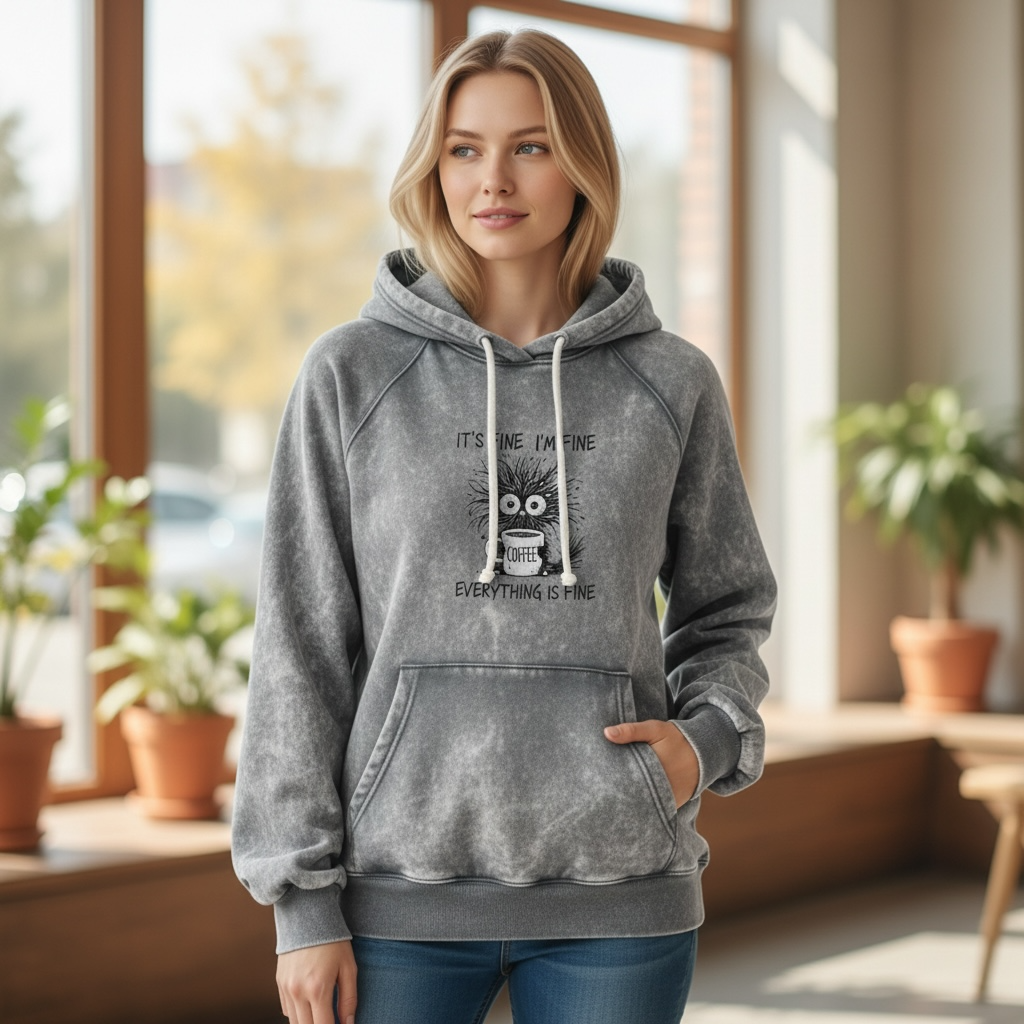 Hoodie Sweatshirt Fleece Acid Washed Kangaroo pocket -I’m fine It’s fine Everything is fine Coffee cat
