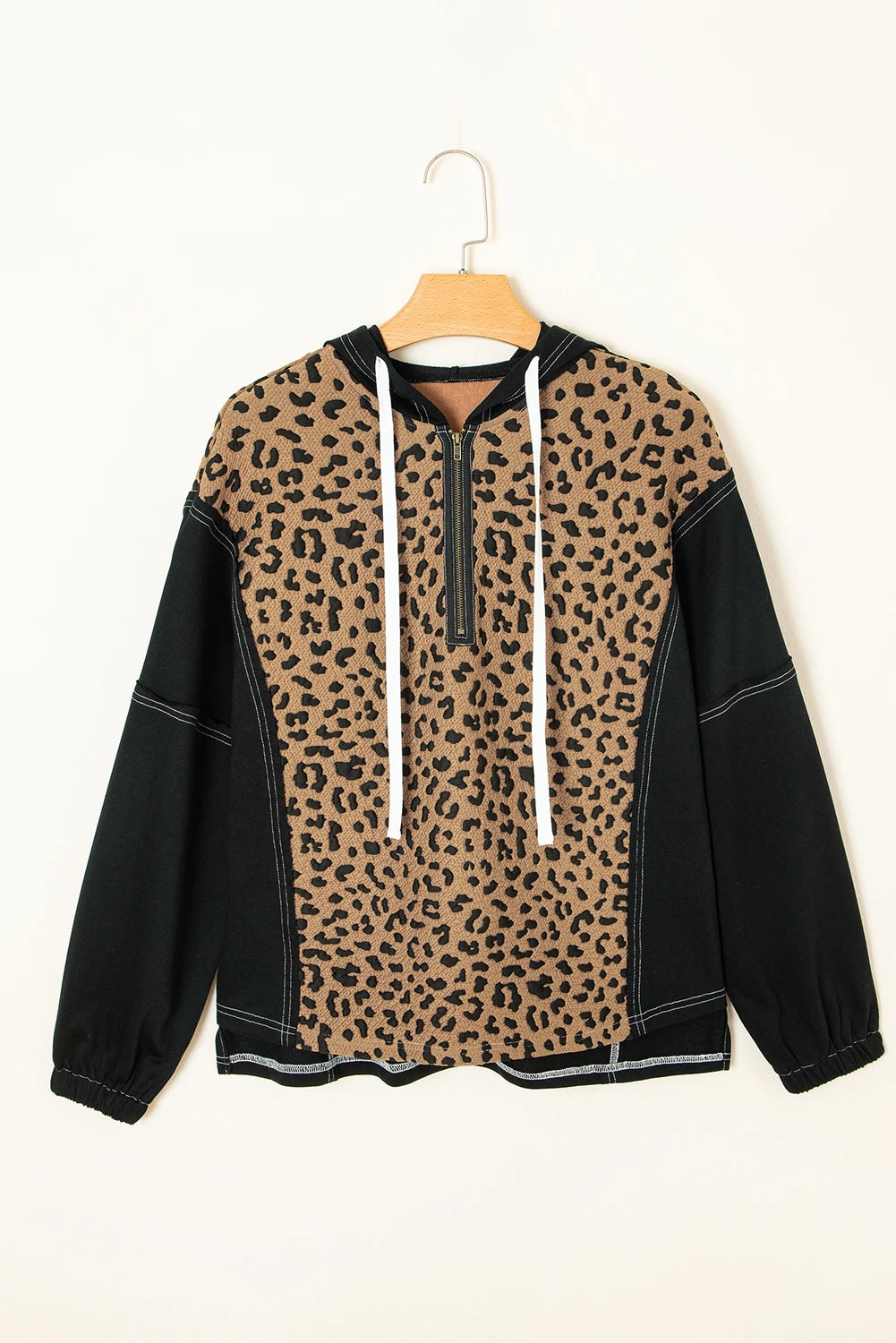 Brown Leopard Patchwork Contrast Stitching Knotted Cuff Quarter Zip Hoodie